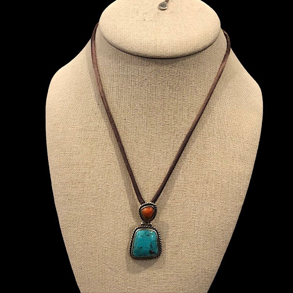 Barse Sterling Silver Rope Edged Turquoise Coral Pendant With 925 Silk Necklace